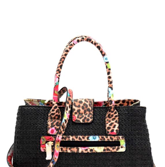 Flower Leopard Print Accent Straw 2-way Satchel Wa